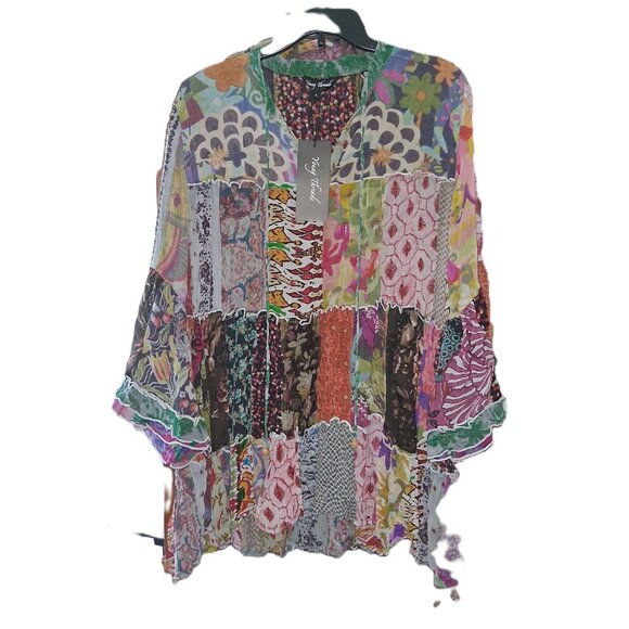 Young Threads Multi Color Patchwork Bell Sleeve Tiered Tunic Top sz L  NWT  B21 - Picture 2 of 10